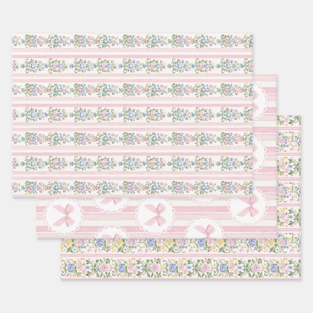 Love Shack Baby Blush Pink Coquette Bow Floral Wrapping Paper Sheet (Set)