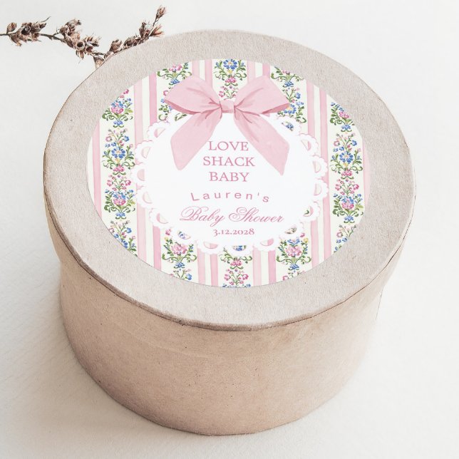 Love Shack Baby Pink Bow Rose Baby Shower Classic Round Sticker (Creator Uploaded)