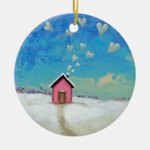 Love shack cabin fun romantic art Staying Warm Ceramic Tree Decoration