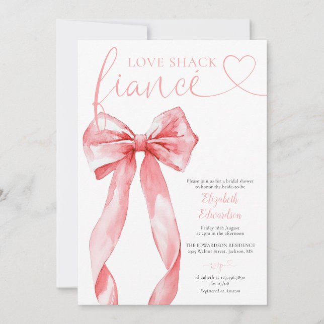 Love Shack Fiance Pink Bow Bridal Shower Invitation (Front)