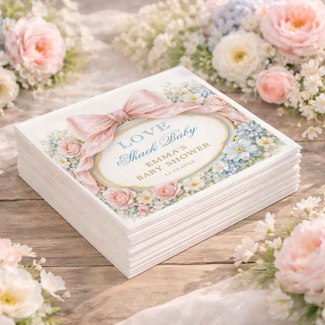 Love Shack Floral Pink Bow Girl Baby Shower Napkin (Creator Uploaded)