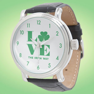 Love Shamrock Clover Irish Custom Text Green White Watch