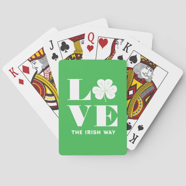Love Shamrock Clover Irish Green White Custom Text Playing Cards (Back)