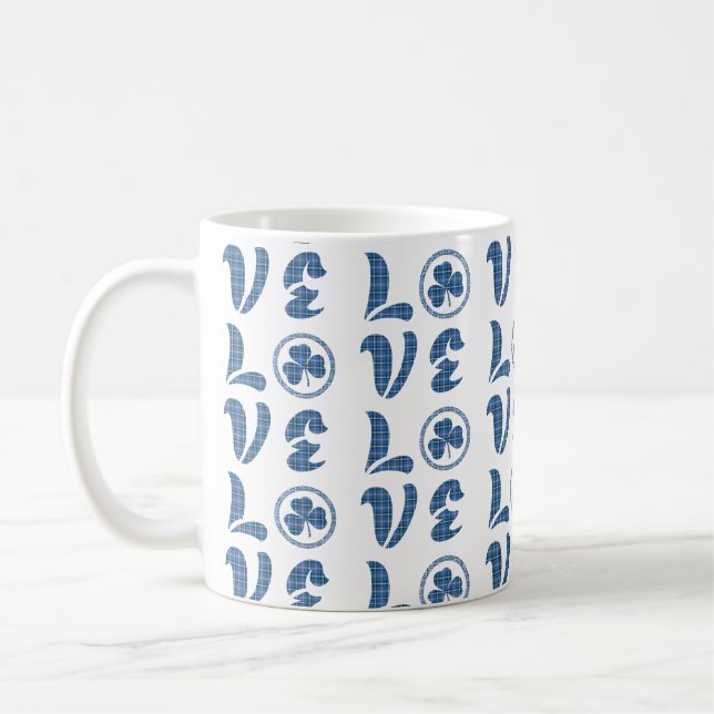 Love Shamrock Plaid Blue Black Classic Pattern Coffee Mug (Left)