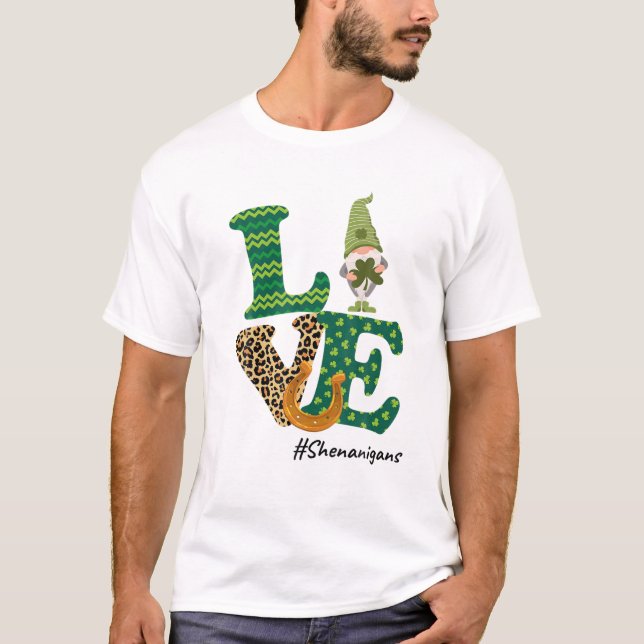 Love Shenanigans Lucky Leopard Gnome St Patricks D T-Shirt (Front)