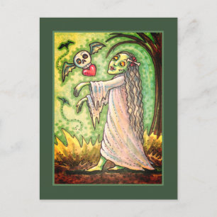 LOVE SICK GIRL ZOMBIE FOLLOWING HER HEART, WHIMSY HOLIDAY POSTCARD