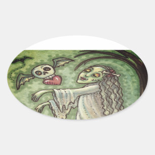 LOVE SICK GIRL ZOMBIE FOLLOWING HER HEART, WHIMSY OVAL STICKER