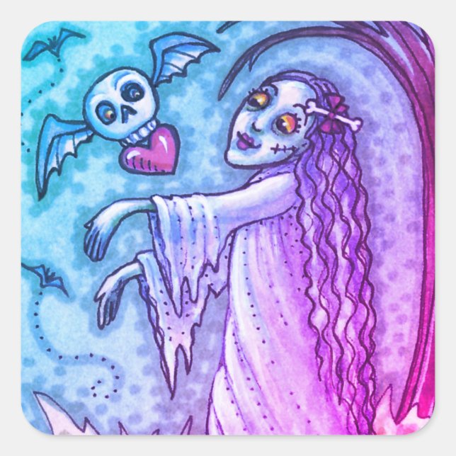 LOVE SICK GIRL ZOMBIE FOLLOWING HER HEART, WHIMSY SQUARE STICKER (Front)