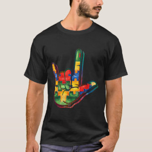 Love Sign Language Autism Awareness Support Puzzle T-Shirt