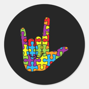 Love Sign Language Autistic Puzzle Autism Awarenes Classic Round Sticker