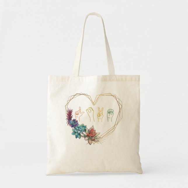 Love Sign Language Floral Heart ASL Valentine's Da Tote Bag (Front)