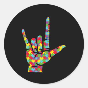 Love Sign Language Hand Autism Awareness Puzzle Classic Round Sticker