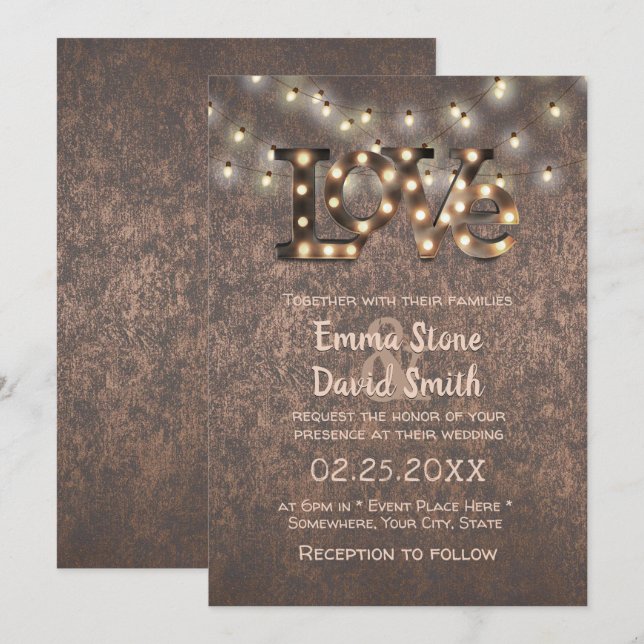 Love Sign String Lights Copper Industrial Wedding Invitation (Front/Back)