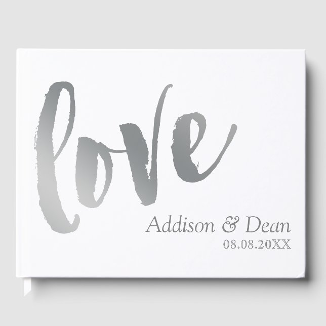 Love | Silver Brush Script Wedding Guest Book (Front)