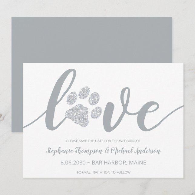 Love Silver Glitter Paw Print Wedding Save The Date (Front/Back)