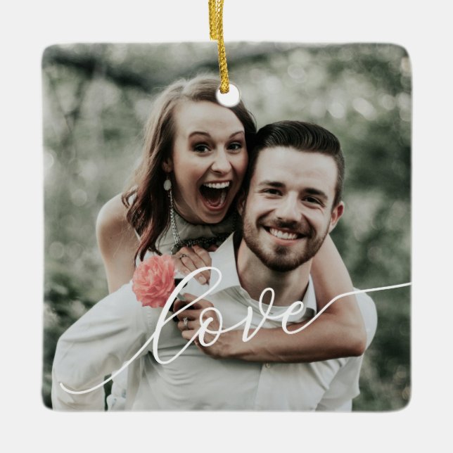 Love Simple Script Photo Ceramic Ornament (Front)