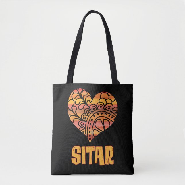 Love Sitar Orange Mandala Heart Indian Music Tote Bag (Front)