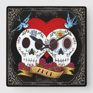 Love Skulls Square Wall Clock