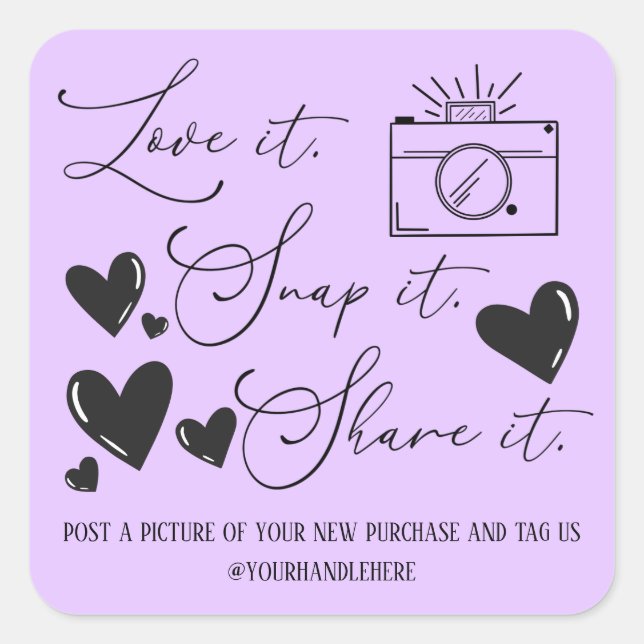 Love Snap Share Camera Hearts Script Etsy Business Square Sticker (Front)