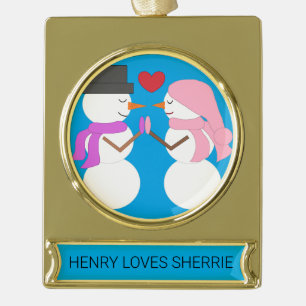 Love & Snowpeople - Blue-green: Gold Plated Banner Ornament