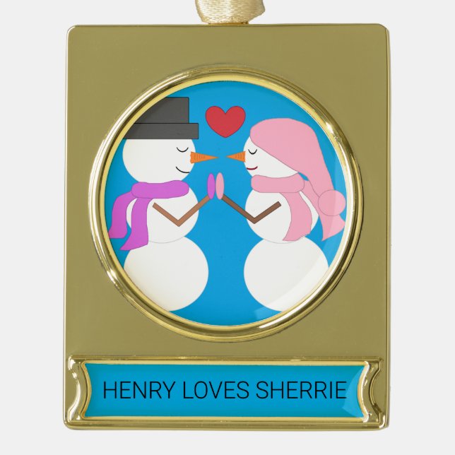 Love & Snowpeople - Blue-green: Gold Plated Banner Ornament (Front)