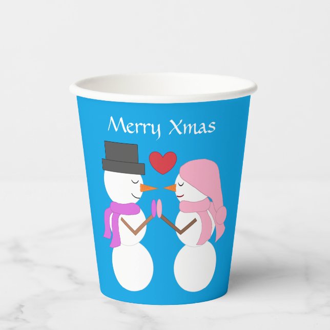 Love & Snowpeople - Blue-green: Merry Xmas Party Paper Cups (Front)