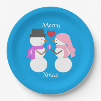 Love & Snowpeople Blue-green:  Merry Xmas Party Paper Plate