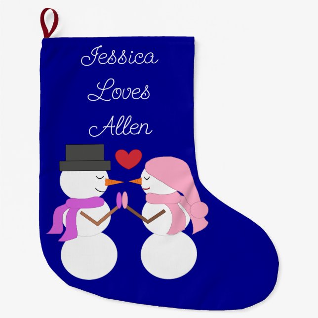 Love & Snowpeople: Dark Blue Large Christmas Stocking (Front)