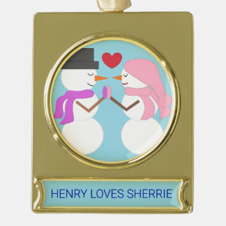 Love & Snowpeople - Light Blue: Gold Plated Banner Ornament