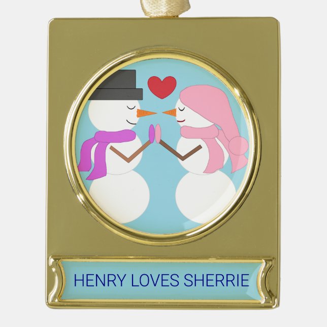 Love & Snowpeople - Light Blue: Gold Plated Banner Ornament (Front)
