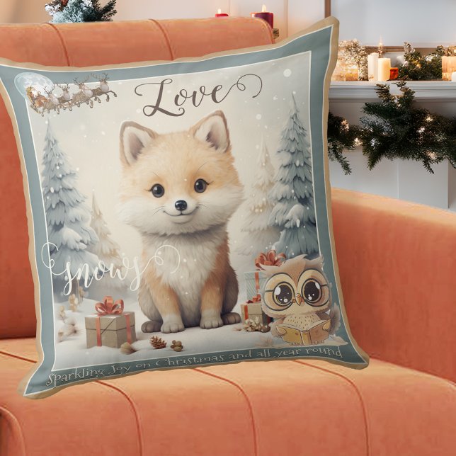 Love Snows Sweet Fox Christmas Cushion (Christmas pillow featuring a whimsical design with a fox in the snow, an owl and Santa with reindeer)