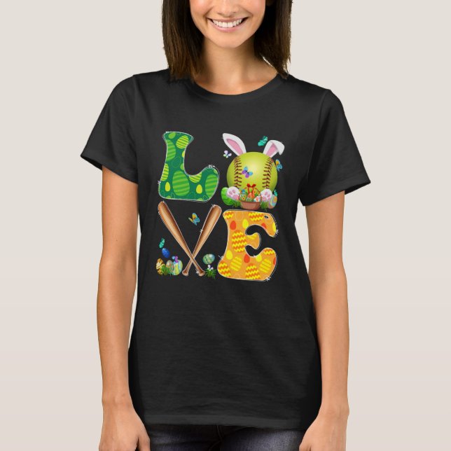 Love Softball Ball & Bats Bunny Ears Easter Day Bo T-Shirt (Front)
