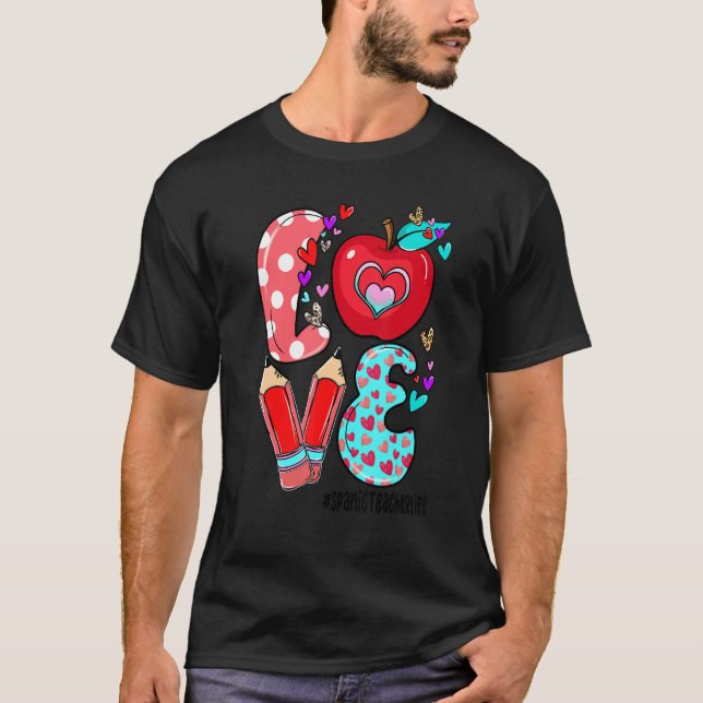 LOVE Spanic Teacher Life Leopard Heart Valentine's T-Shirt (Front)