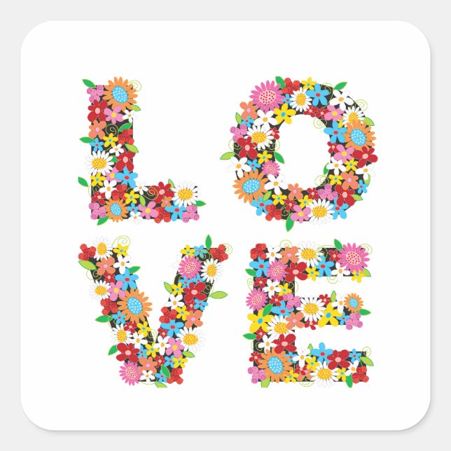 LOVE Spring Flowers Whimsical Chic Valentine's Day Square Sticker (Front)