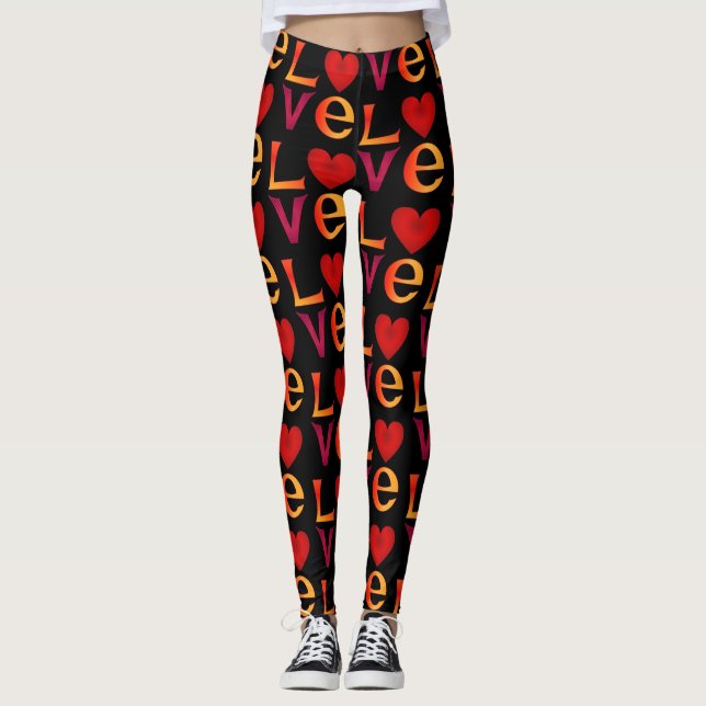 LOVE Square Lettering Ombre Red & Yellow on black Leggings (Front)