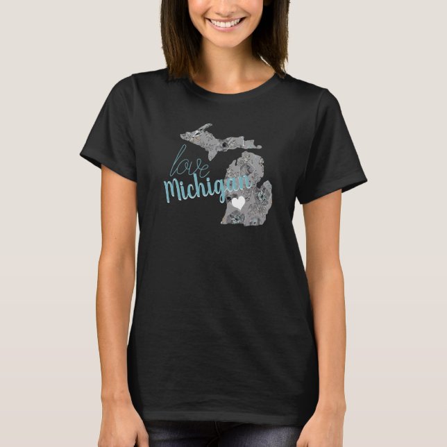 Love State Of Michigan Grey Blue Poppies Floral T-Shirt (Front)