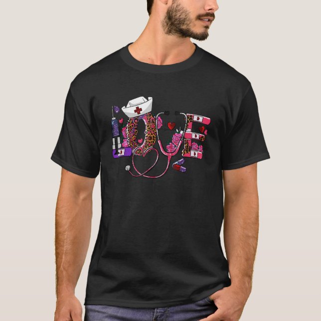 LOVE Stethoscope Leopard Nurse Life Valentine's Da T-Shirt (Front)