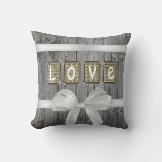 LOVE stitched on old light brown fabric Cushion (Front)