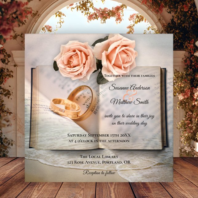 Love Story Dream Book Wedding Invitation (Wedding invitation featuring books with roses and wedding rings with a dream beach overlay)