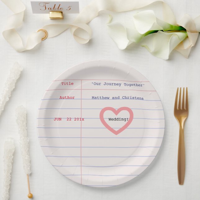 Love Story Due Date Library Card Wedding Paper Plate (Wedding)