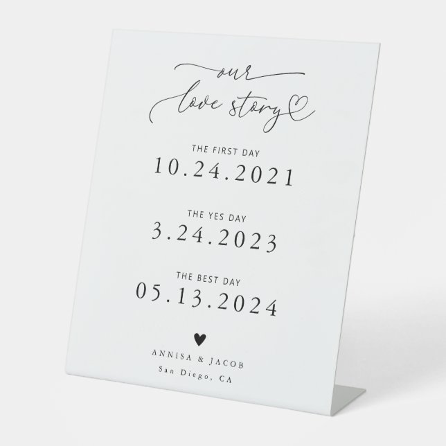 Love Story Heart Script White Wedding Timeline Pedestal Sign (Front)