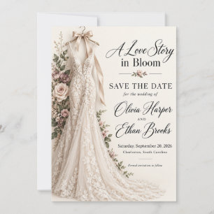 Love Story in Bloom Wedding Dress Save the Date Invitation