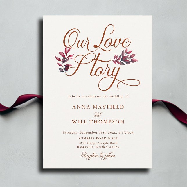 Love Story Romantic Fall Foliage Burgundy Wedding Invitation (our love story fall wedding invitation modern romantic calligraphy autumn foliage burgundy elegant)