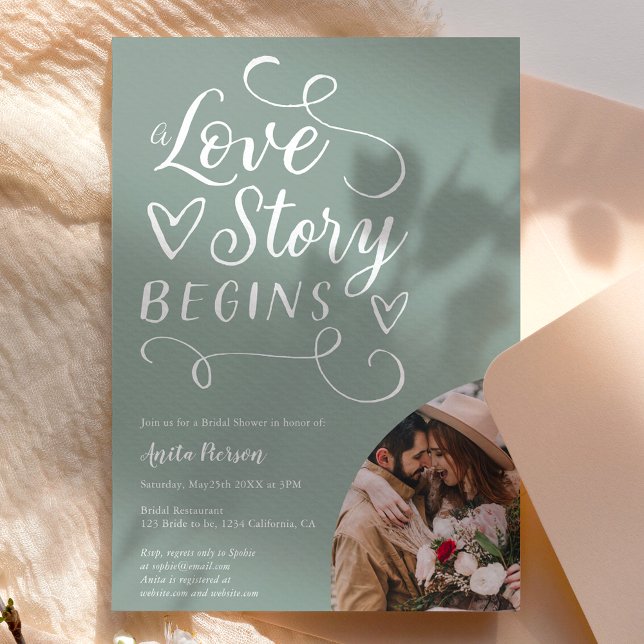 Love story sage green white photo bridal shower invitation (Creator Uploaded)