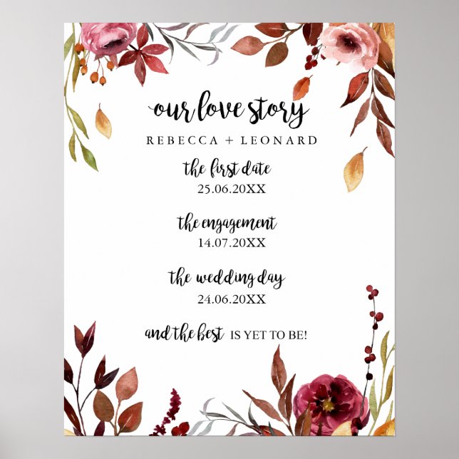 love story timeline wedding autumn floral sign (Front)