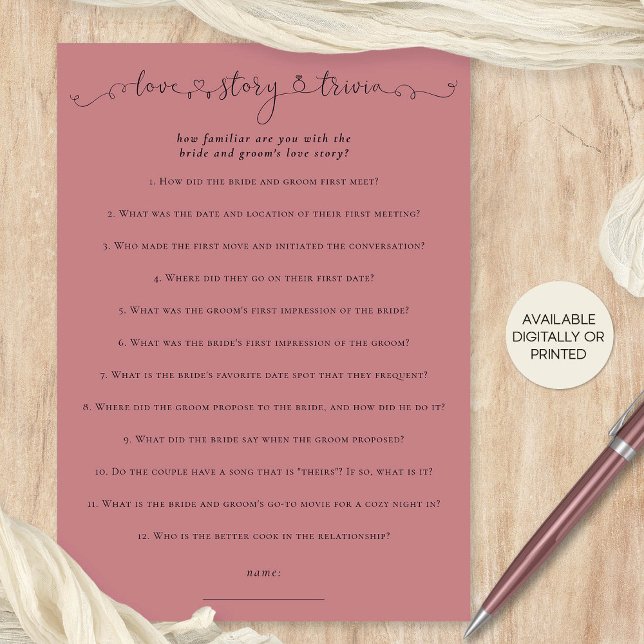 Love Story Trivia Bridal Shower Pink Game Card (Available digitally or printed)