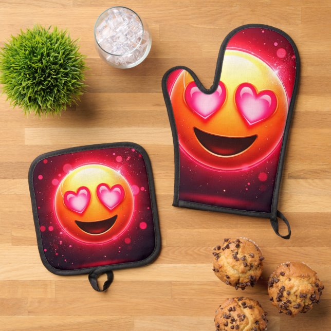 Love Struck Emoji Hearts Glow Oven Mitt & Pot Holder Set (Top Down)