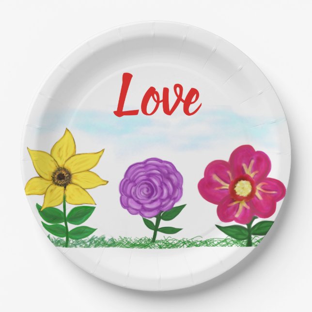 Love Summer Flowers Yellow Purple Pink Florals Paper Plate (Front)