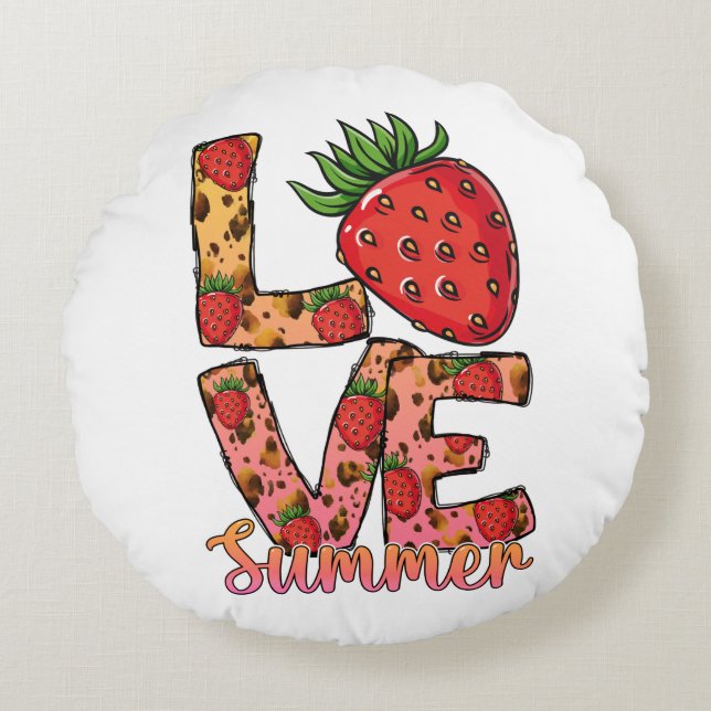 Love & Summer | Pink & Brown | Fresh Strawberry Round Cushion (Front)