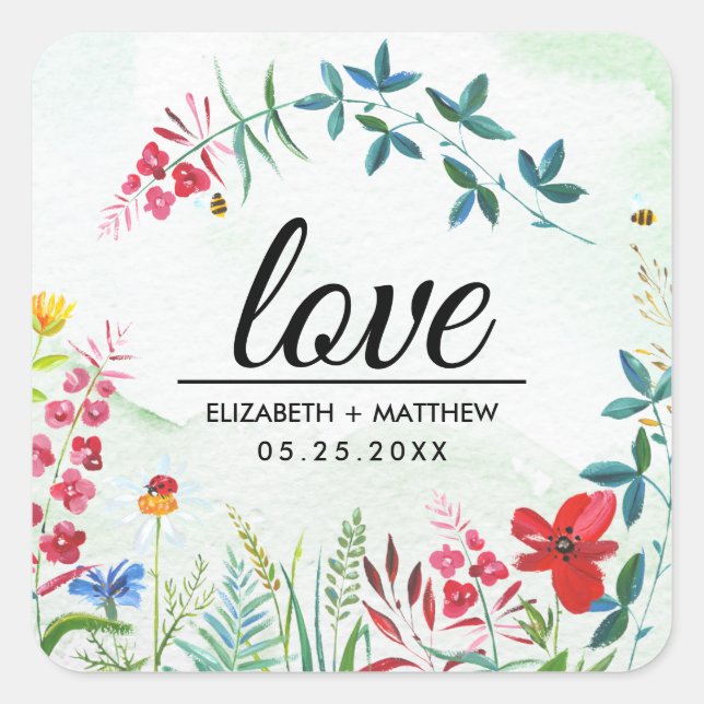 Love. Summer Wildflowers Wedding Stickers (Front)